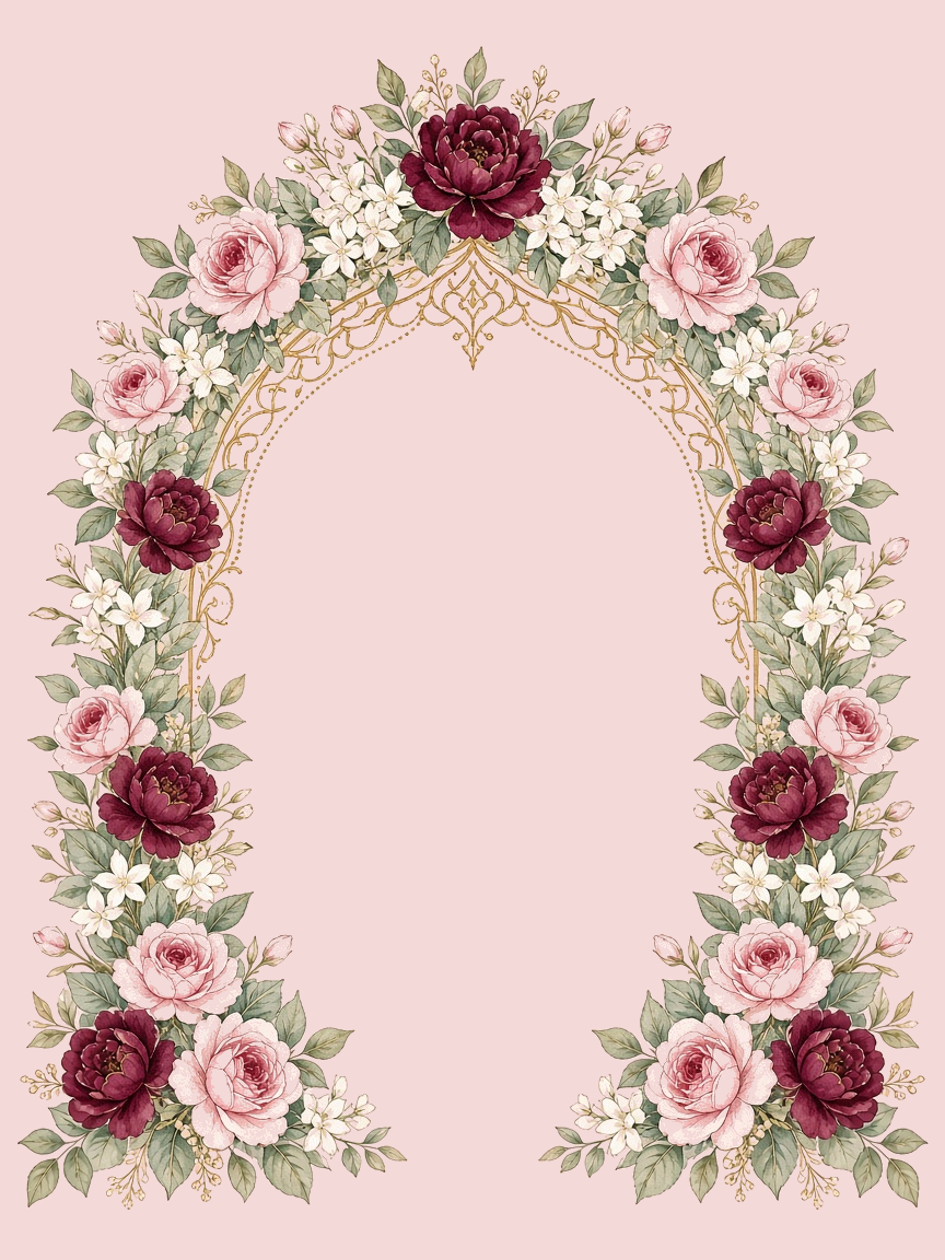 A floral arch of roses, peonies, and gold filigree