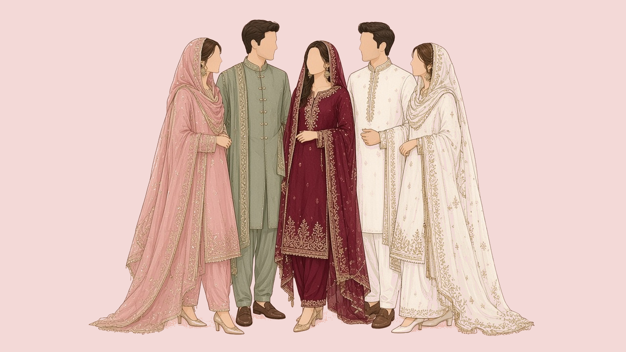 Guests in blush, sage, maroon, and ivory traditional clothes