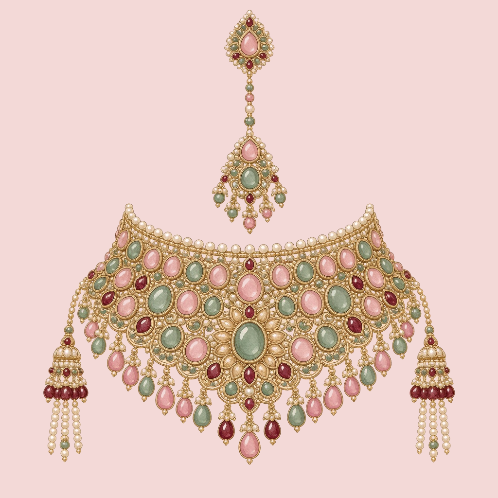 A gold necklace and maang tikka set with pink and green stones