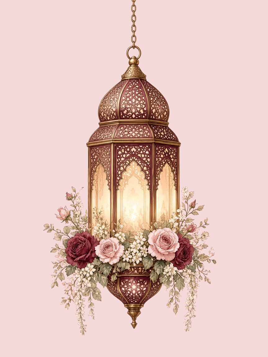A hanging lantern with roses, glowing from within