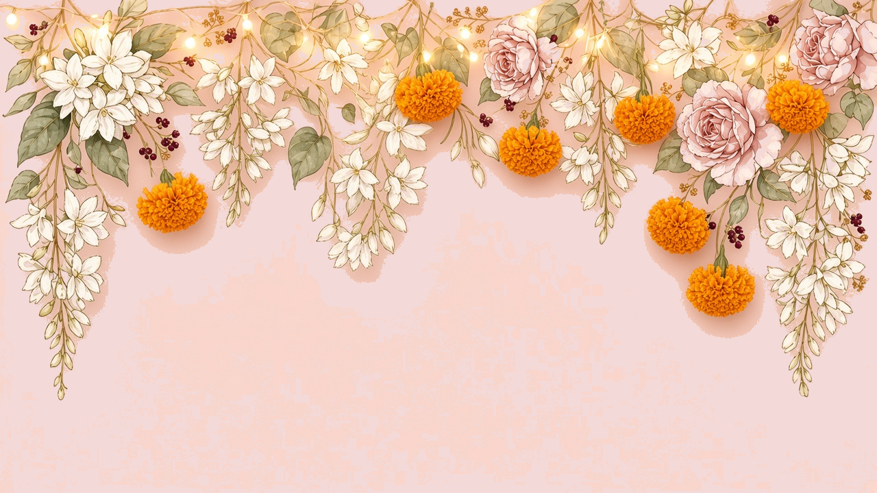 Marigolds, roses, and warm string lights hanging overhead
